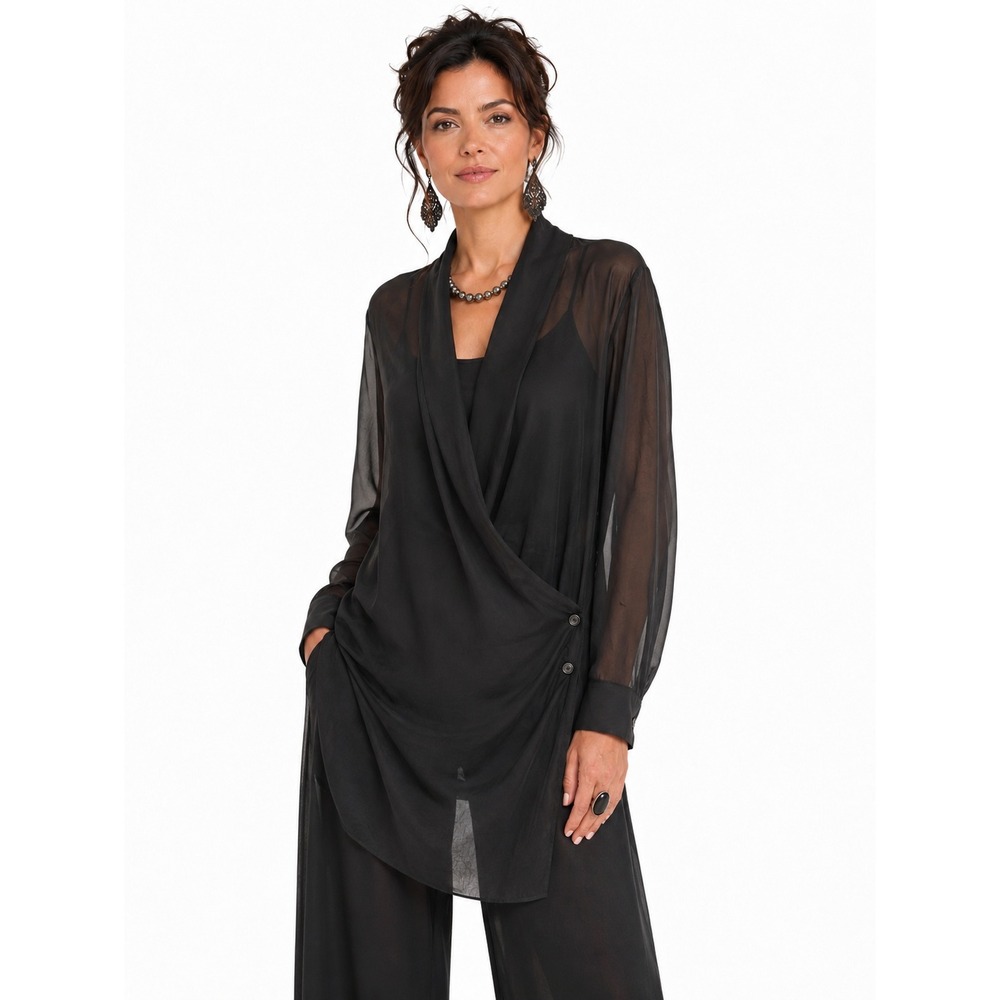 AllSaints Serra Black Silk Wrap Shirt Dress L/S Draped Collar 6 Lagenlook Goth